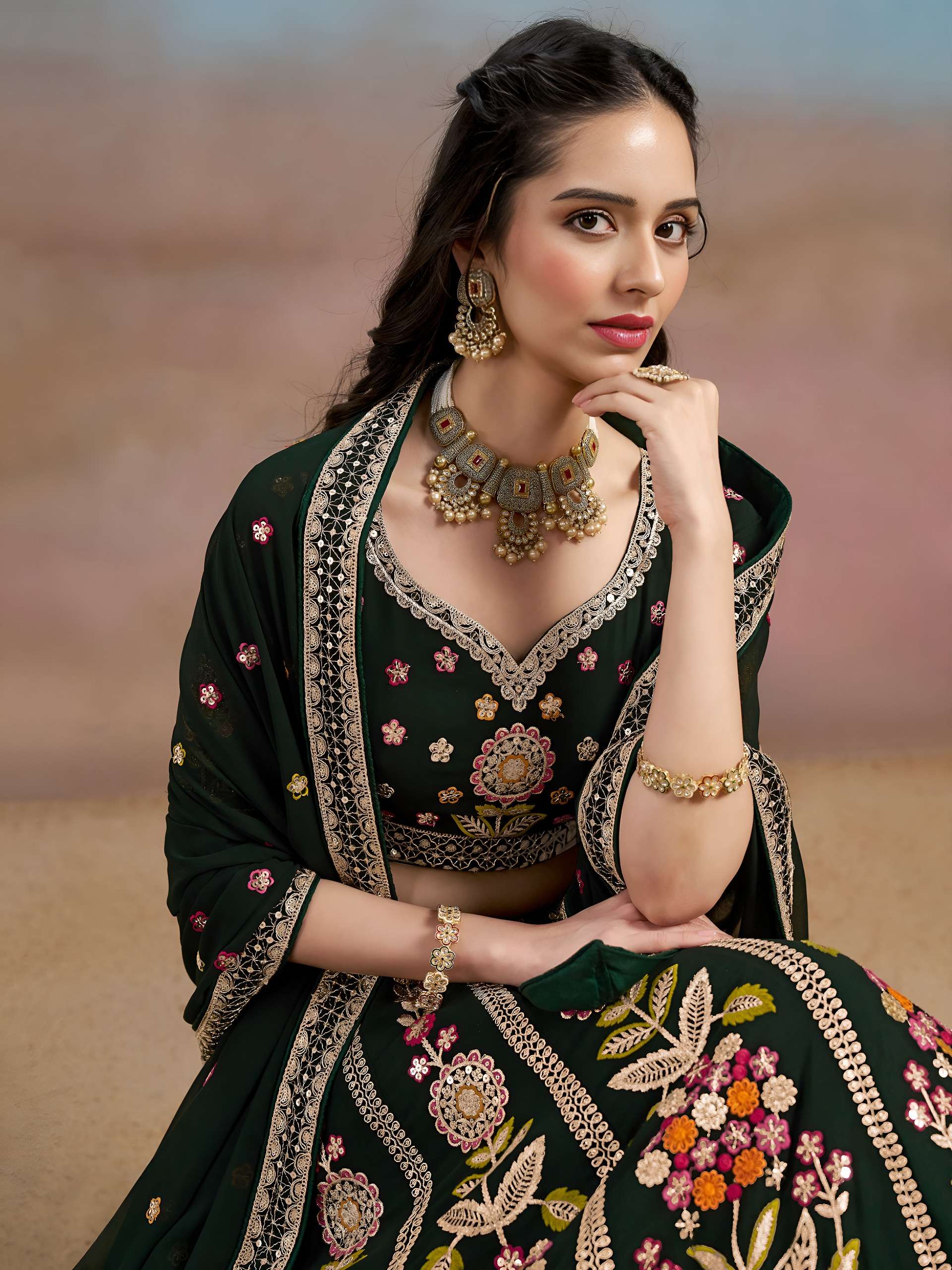 Bottle Green Multicolor colour Georgette and Floral fabric with Embroidered work Lehenga choli wholesale in surat 6008 Green 